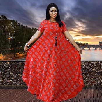 Красные Элегантные Летние африканские платья с геометрическим принтом для женщин, макси-платье Bazin Riche с коротким рукавом, Vestidos